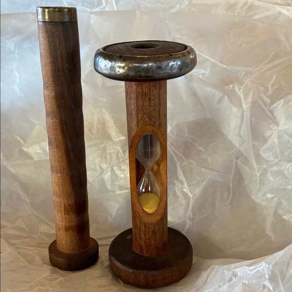 vtg Other - Rustic Spool Plus Hourglass Timer Decorative Vtg Timer Yellow Sand Wood Metal